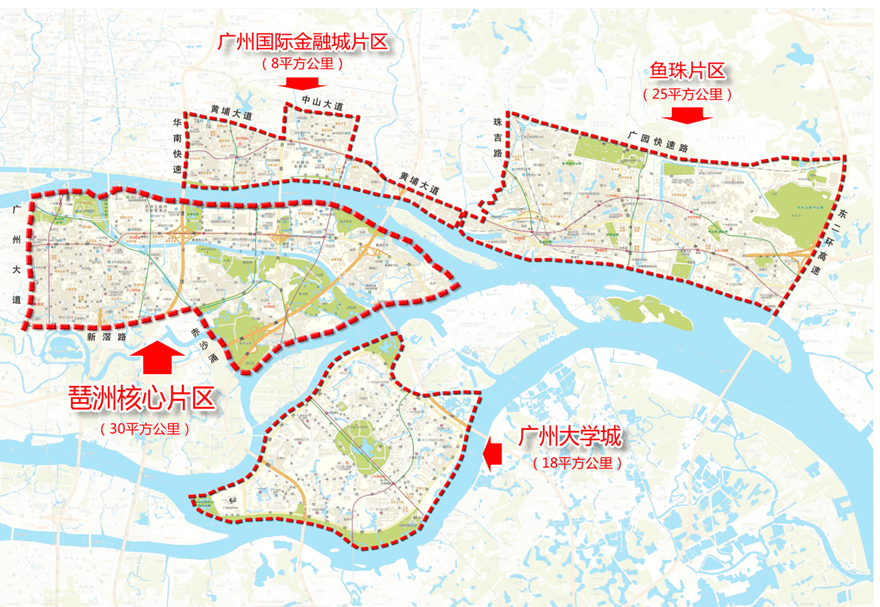 廣州人工智能與數(shù)字經(jīng)濟(jì)試驗(yàn)區(qū)由琶洲核心片區(qū)（含廣州大學(xué)城）、廣州國(guó)際金融城片區(qū)和魚珠片區(qū)構(gòu)建起“一江兩岸三片區(qū)”空間格局，總面積約81平方公里。每個(gè)片區(qū)都有各自不同的發(fā)展側(cè)重點(diǎn)，取得了不同的發(fā)展成效。圖為試驗(yàn)區(qū)示意圖。
