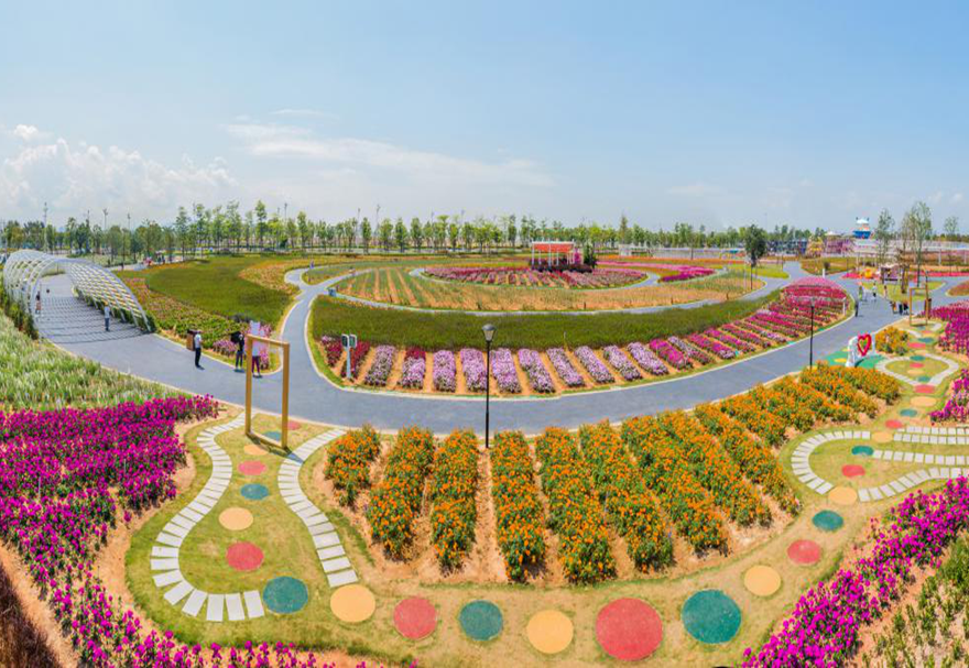 在城市建設(shè)方面，濱海灣新區(qū)打造生態(tài)、生活和生產(chǎn)相互融合的海岸帶空間格局，通過(guò)濱海景觀長(zhǎng)廊等構(gòu)筑起山海河林田草生命共同體，建設(shè)高水平智慧城市，全面提升城市品質(zhì)和內(nèi)涵。圖為濱海灣新區(qū)花卉公園。