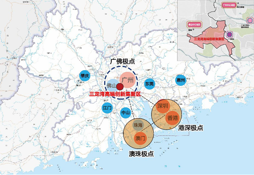 2021年2月，廣東省推進(jìn)粵港澳大灣區(qū)建設(shè)領(lǐng)導(dǎo)小組正式印發(fā)了《佛山三龍灣高端創(chuàng)新集聚區(qū)發(fā)展總體規(guī)劃(2020—2035年）》。三龍灣將打造成廣東省推進(jìn)粵港澳大灣區(qū)建設(shè)的重要發(fā)展平臺(tái)和珠江西岸創(chuàng)新極核，建設(shè)成為面向全球的先進(jìn)制造業(yè)創(chuàng)新高地、珠江西岸開放合作標(biāo)桿、廣佛融合發(fā)展引領(lǐng)區(qū)和高品質(zhì)嶺南水鄉(xiāng)之城。圖為三龍灣區(qū)位示意。