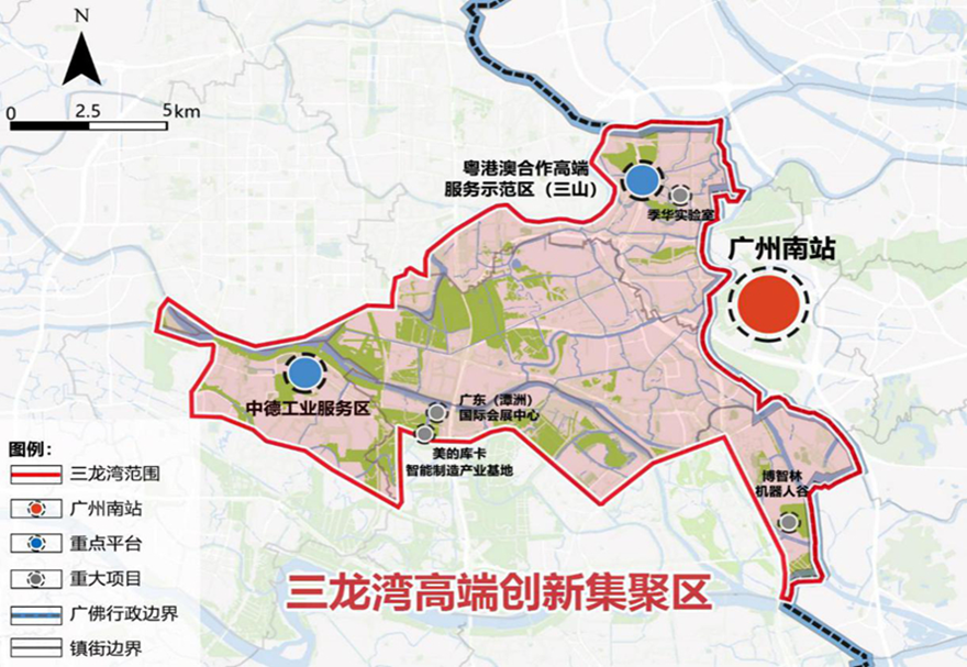 總體規(guī)劃提出，三龍灣是佛山立足粵港澳大灣區(qū)的門戶樞紐，已逐漸顯現(xiàn)出創(chuàng)新要素集聚、產(chǎn)城融合發(fā)展的態(tài)勢，具備高起點(diǎn)規(guī)劃、高標(biāo)準(zhǔn)建設(shè)的基礎(chǔ)條件。圖為三龍灣規(guī)劃范圍。