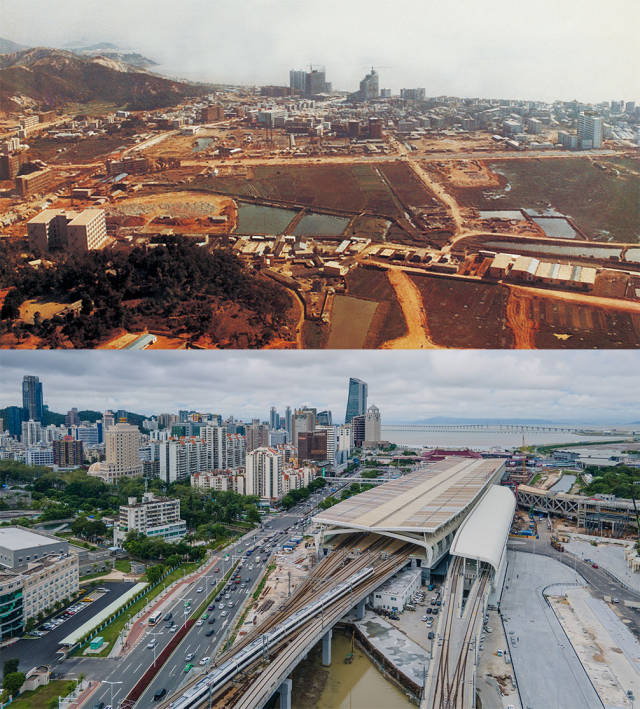 上圖：1984年正在建設(shè)中的拱北區(qū)。洪漢波 攝；下圖：2020年，城軌正在駛出拱北珠海站