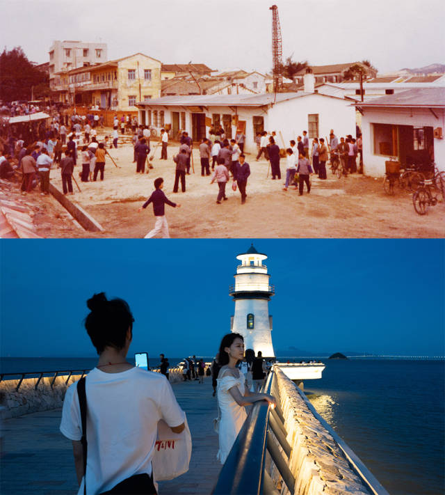 上圖：1981年，香洲城區(qū)舊貌；下圖：2020年，香洲情侶路邊的愛情燈塔，成為市民游客游玩的熱門景點