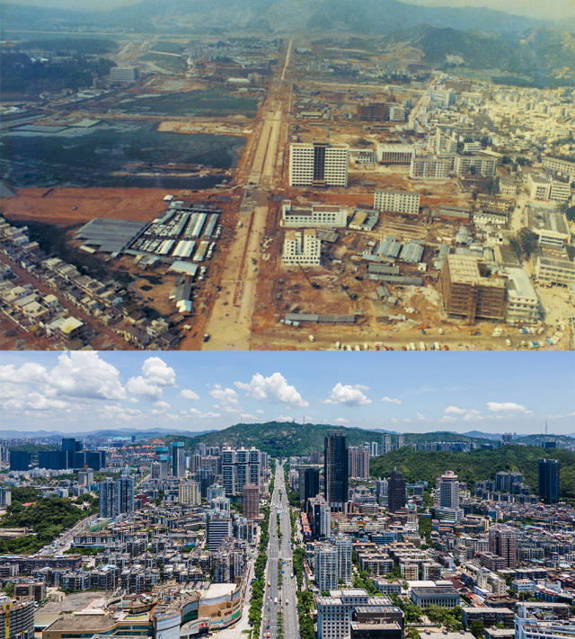 上圖：1984年，動工建設(shè)的拱北迎賓大道；下圖：2020年，北望板樟山，沿著迎賓大道發(fā)展的珠海市區(qū)