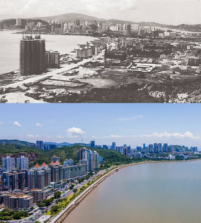 上圖：1984年拱北海邊一帶。李小崢 攝；下圖：2020年，拱北沿海