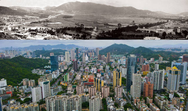 上圖：1983年，吉大舊貌?？讘c憲 攝；下圖：2020年，珠海香洲區(qū)吉大商業(yè)圈，曾經(jīng)的平房如今高樓林立