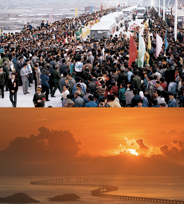 上圖：1993年11月，珠海大橋通車；下圖：2020年，港珠澳大橋日出。港珠澳大橋的建成使得粵港澳三地聯(lián)系更加緊密