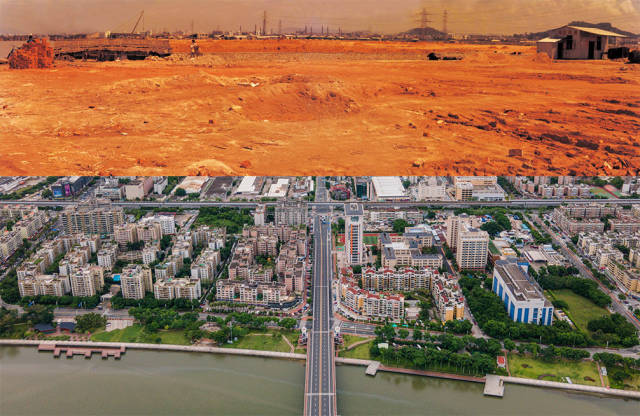 上圖：1988年，拱北夏灣正在平整土地；下圖：2020年，珠海市夏灣