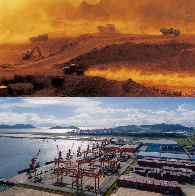 上圖：1990年，珠海港在建設(shè)中；下圖：2020年，珠海市高欄港經(jīng)濟區(qū)承載著特區(qū)貨運樞紐的重擔