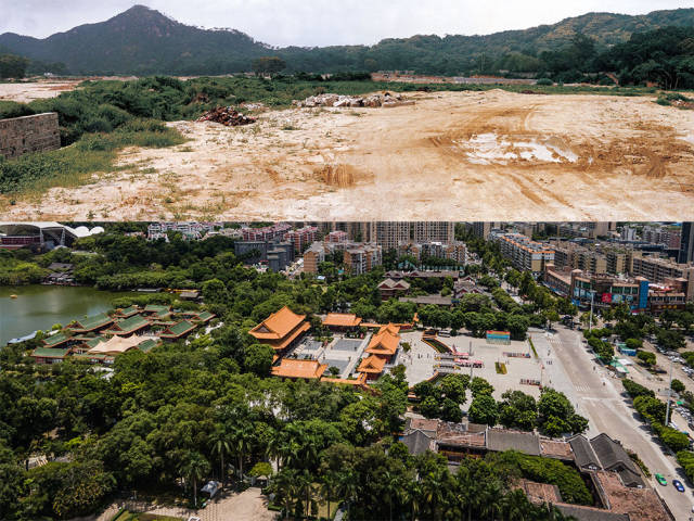上圖：1991年，圓明新園原址；下圖：2020年，香洲區(qū)圓明新園如今被一棟棟嶄新的現(xiàn)代樓房包圍