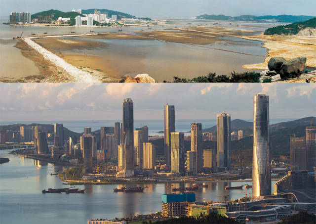 上圖：1992年，橫琴島十字門圍海造地；下圖：2020年，珠海橫琴新區(qū)的建設(shè)正如火如荼進行中