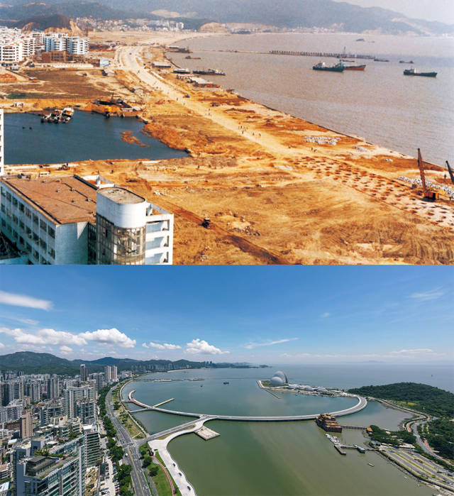 上圖：1991年，香洲灣情侶中路在建設(shè)中；下圖：2020年，香洲灣情侶路今景。外海處的日月貝大劇院成為珠海的新地標