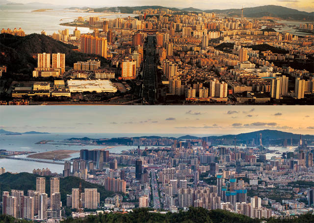 上圖：上世紀90年代初，珠海和澳門夕照錦輝；下圖：2020年，板樟山俯瞰珠海和澳門