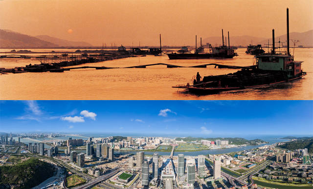 上圖：1992年，橫琴島經(jīng)過科學論證與規(guī)劃，開始大規(guī)模圍海造地；下圖：2020年，珠海橫琴新區(qū)全貌