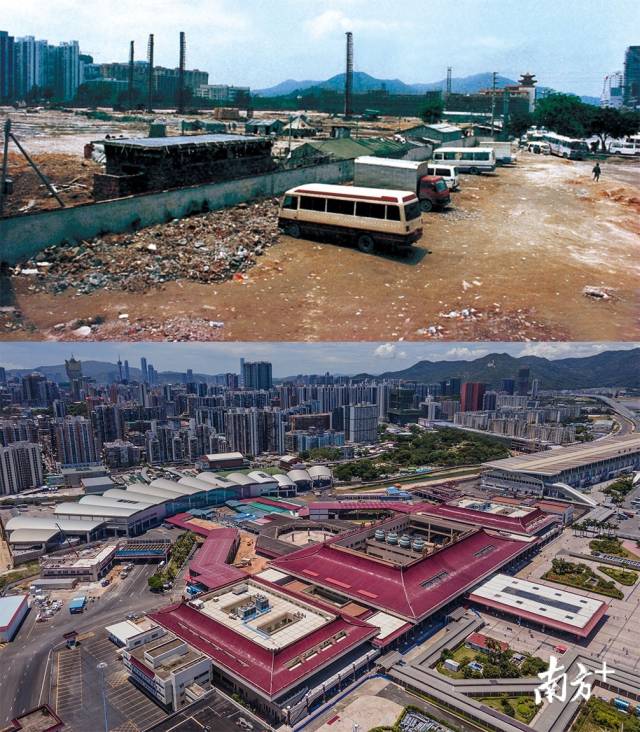 上圖： 1991年拱北口岸廣場原貌；下圖：2020年，拱北口岸仍是兩地交流的大門