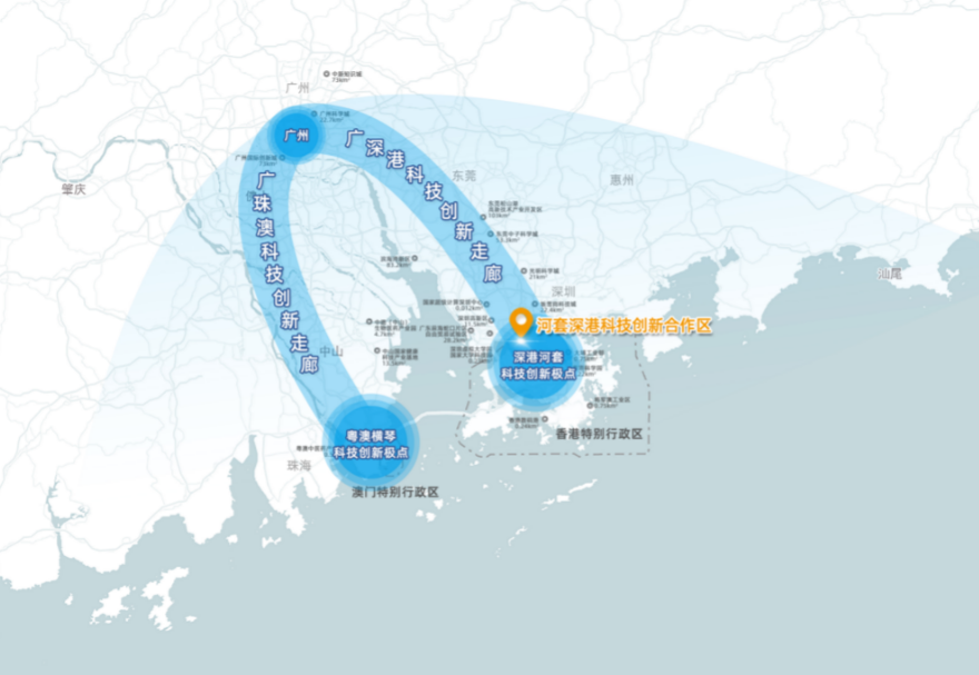河套合作區(qū)地處大灣區(qū)科技創(chuàng)新資源集聚的地帶，有力支撐廣深港科技創(chuàng)新走廊建設(shè)，有利于融合香港原始創(chuàng)新和珠三角地區(qū)高新技術(shù)產(chǎn)業(yè)優(yōu)勢(shì)，全方位匯聚創(chuàng)新資源。圖為兩點(diǎn)兩廊（即廣深港、廣珠澳科創(chuàng)走廊和深圳河套、珠海橫琴創(chuàng)新極點(diǎn)）示意圖。