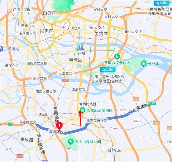 藍色曲線為廣臺高速，紅色箭頭為廣臺高速以北番禺地區(qū)。