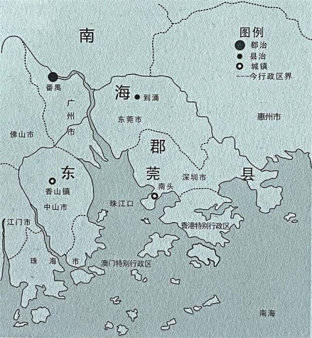 唐代東莞縣轄區(qū)圖。來源：《深圳古代史》，陳海濱 著，深圳報(bào)業(yè)集團(tuán)出版社2015年1月第一版。