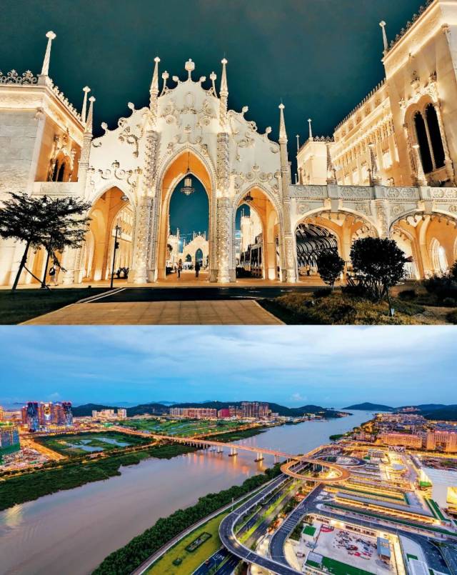 上圖：航拍珠海灣仔、橫琴和澳門(mén)。中圖：勵(lì)駿龐都廣場(chǎng)。下圖：蓮花大橋。本版圖/視覺(jué)中國(guó) IC