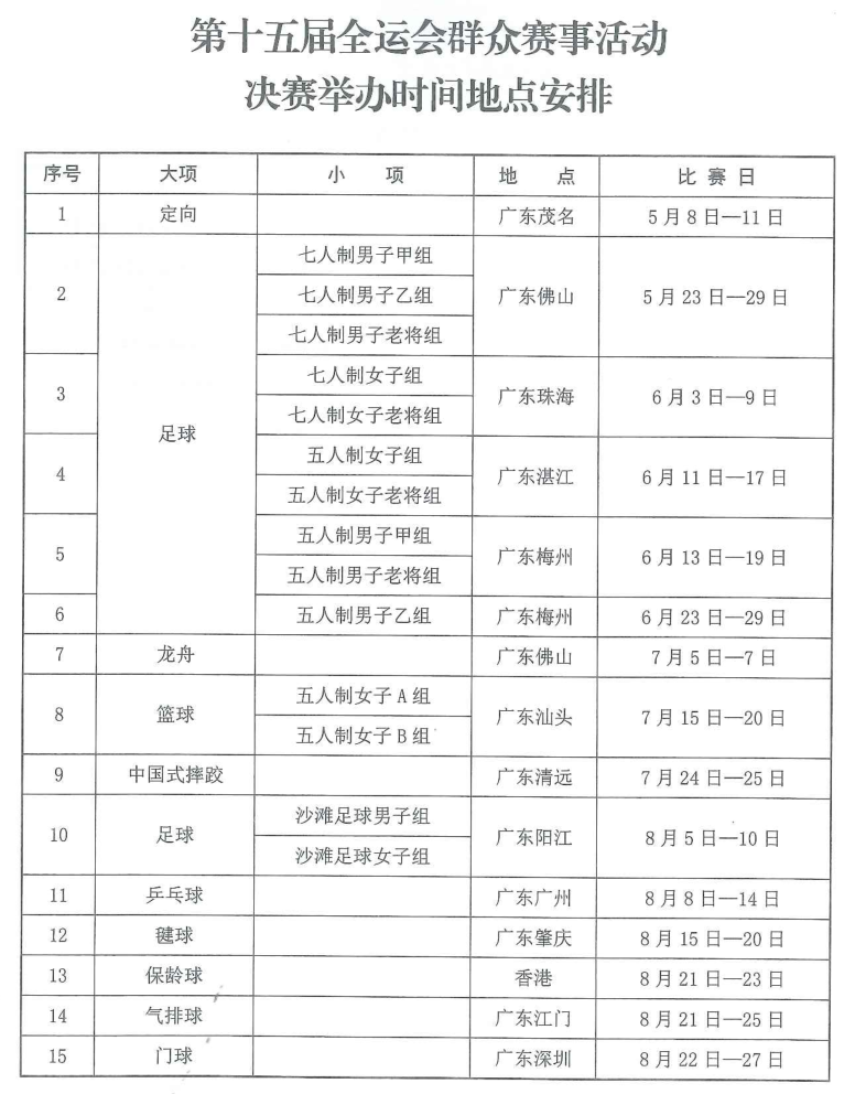 十五運會群眾體育賽事活動預(yù)決賽時間地點發(fā)布