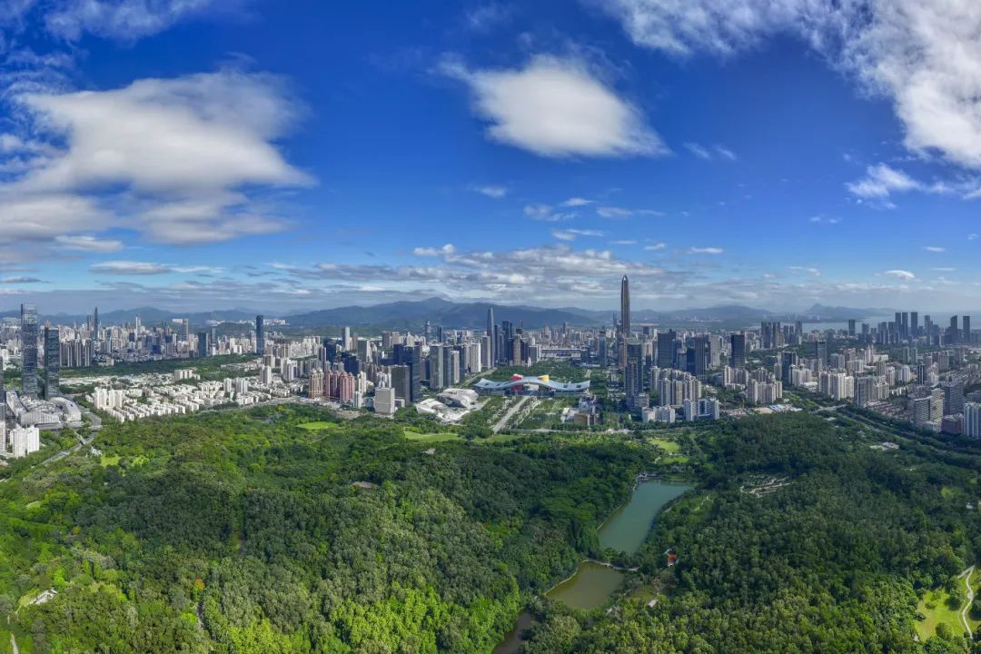 瞰深圳蓮花山和深圳市民中心，周圍高樓林立，草木蔥蘢。