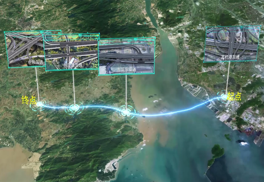 黃茅海跨海通道項目以跨海橋梁方式跨越崖門口黃茅海水域，設置通航孔橋兩座，分別為高欄港大橋和黃茅海大橋。項目全長約31公里，采用雙向6車道高速公路標準，將同時建設2座700米級超大斜拉橋，其中高欄港大橋為主跨700米獨柱塔雙索面全漂浮體系斜拉橋，黃茅海大橋為主跨2x720米獨柱塔雙索面三塔斜拉橋，并設中、長隧道各1座，互通立交4處，其中黃茅海大橋建成后將成為世界最大跨徑三塔斜拉橋。圖為黃茅?？绾Ｍǖ牢恢眯Ч麍D。